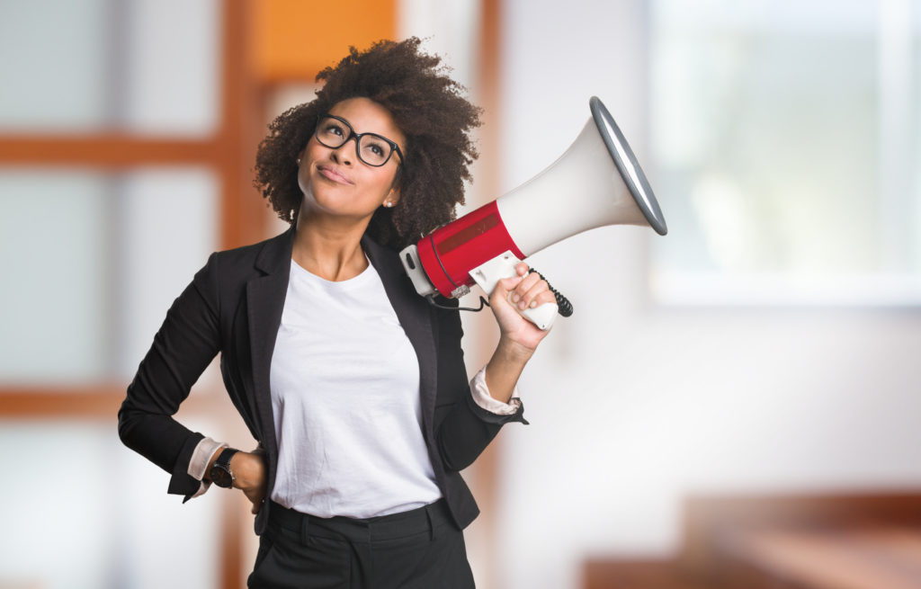 Creating Your Brand Voice - Black Woman With Megaphone - BYOBrand Podcast - Featured Image