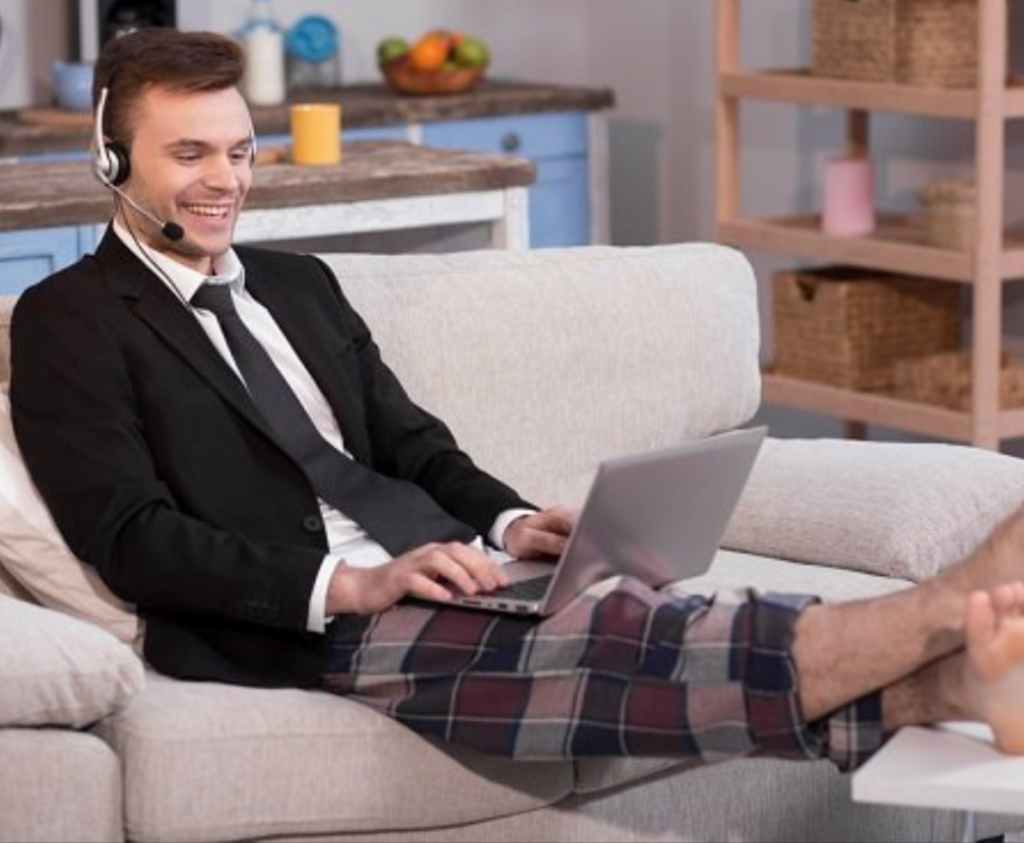 BYOBrand Podcast - Working From Home Image With Business Jacket and PJ Bottoms